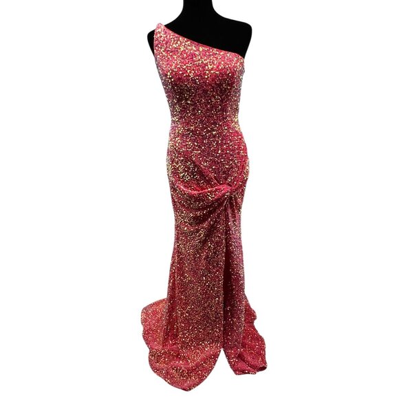 Alyce Paris One Shoulder Prom Dress Front Slit Sequin Lt. Watermelon Size 10 New - Picture 1 of 13